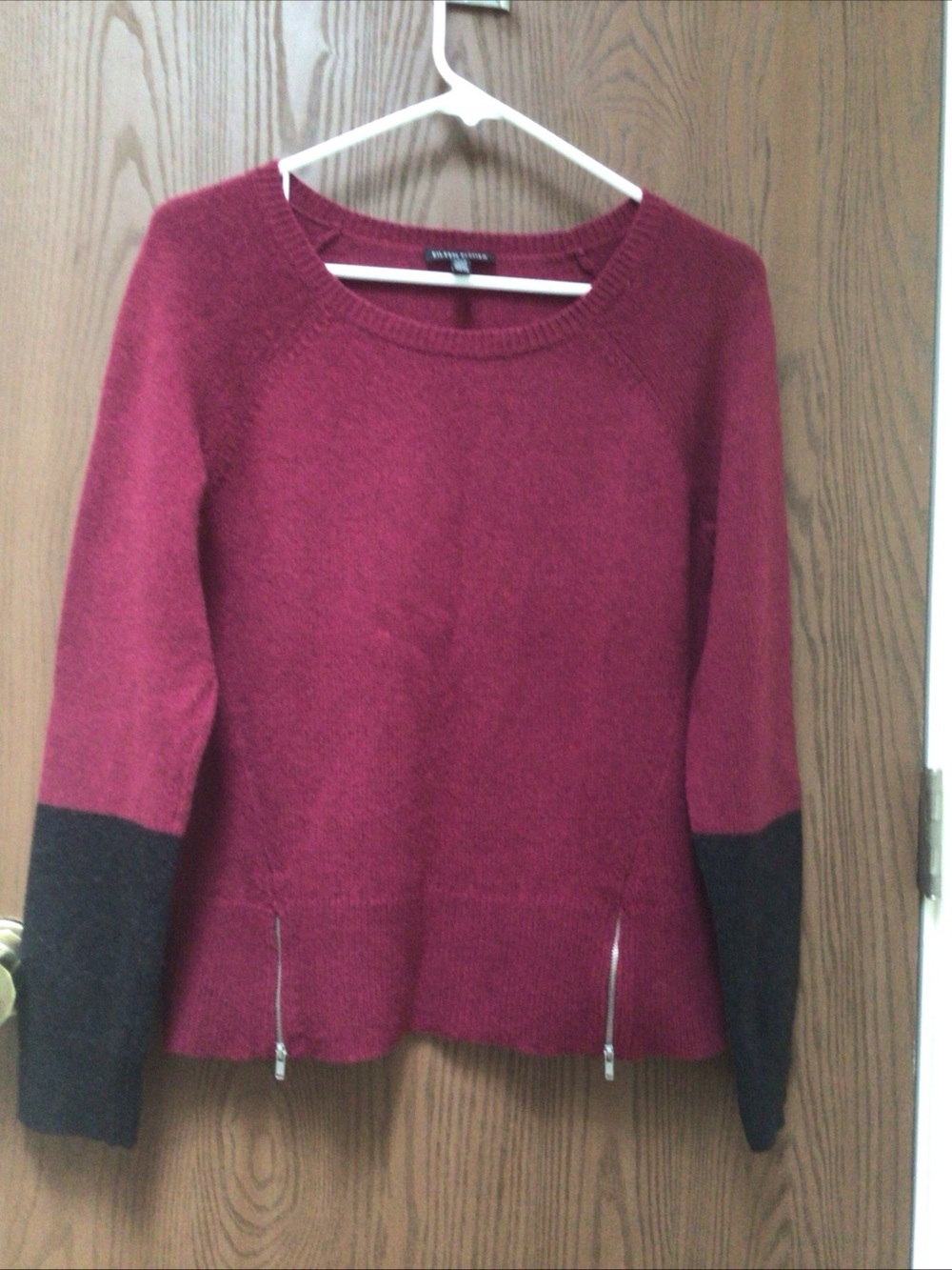 Eileen Fisher sweater burgundy gray, two zippers, yak and wool, sz XS